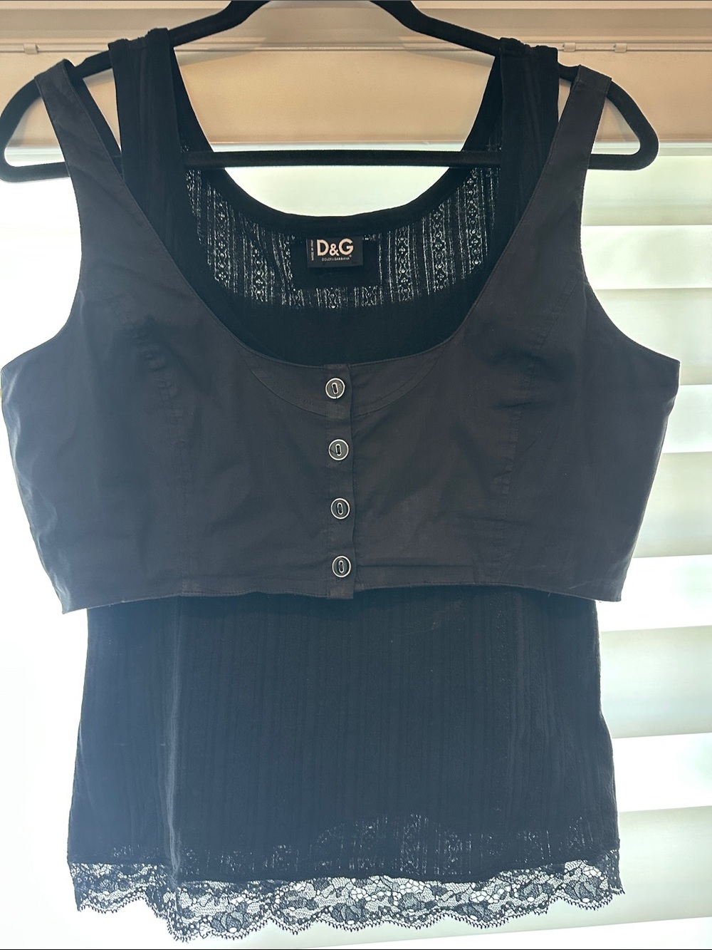 D&G Black Lace-Trim Layered Tank with Cropped Buttoned Overlay
